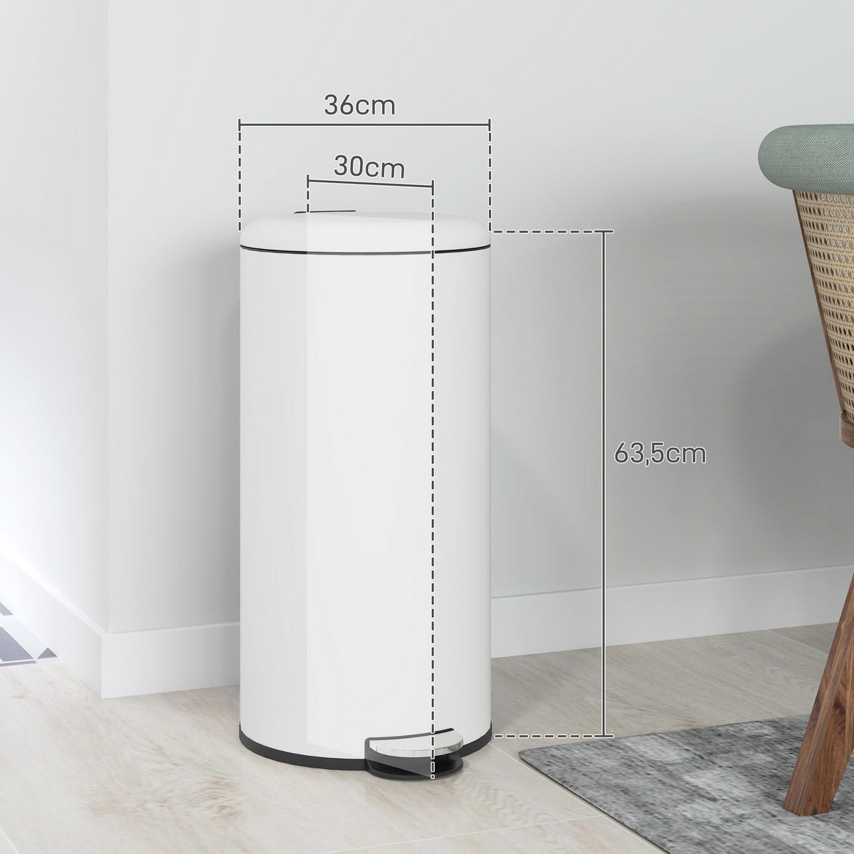 MÜLLEIMER 30L Treteimer, Metall, 36 x 30 x 63,5 cm - Weiß, Kunststoff (36/63.5/30cm) - HOMCOM