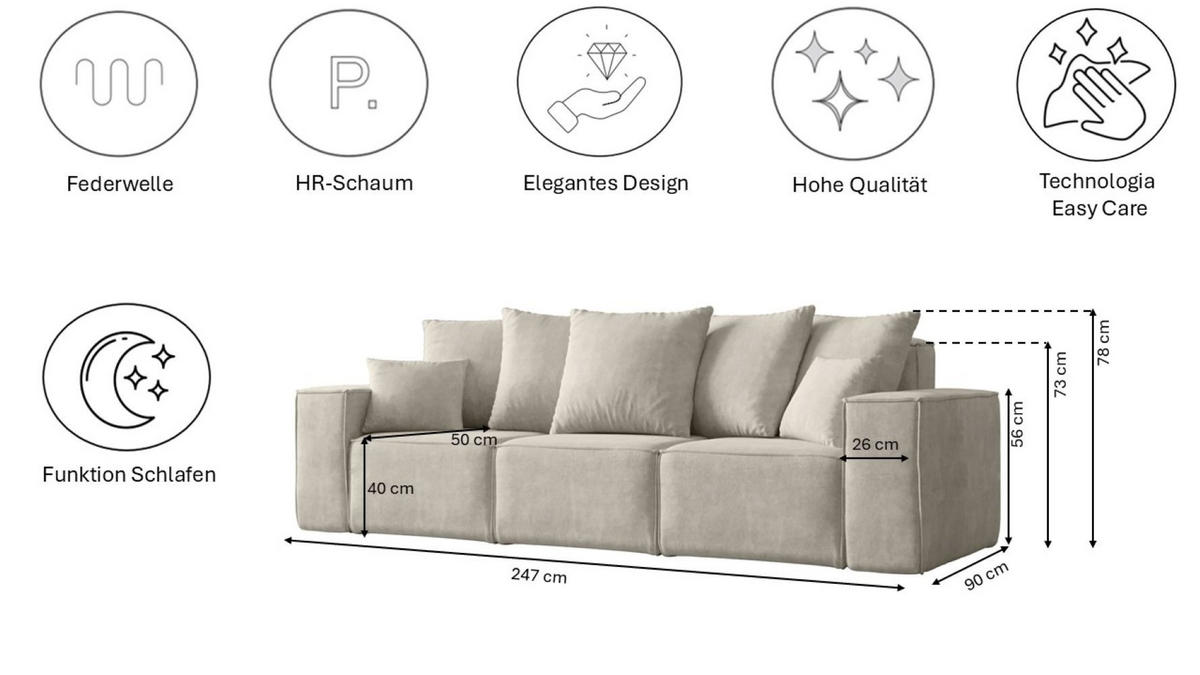SOFA Sitzer ELLA Modern Mit Schlaffunktion Stoff Noel Hellgrau - Hellgrau, Holz/Textil (247/78/90cm) - Kaiser Möbel