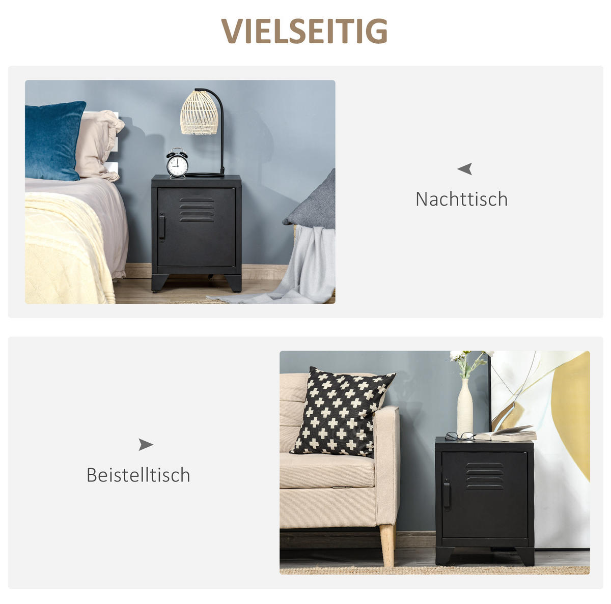 NACHTTISCH 40/40/50 cm mit verstellbarem Regal und Jalousietür aus Metall, Schwarz - Schwarz, Metall (40/50/40cm) - Redom