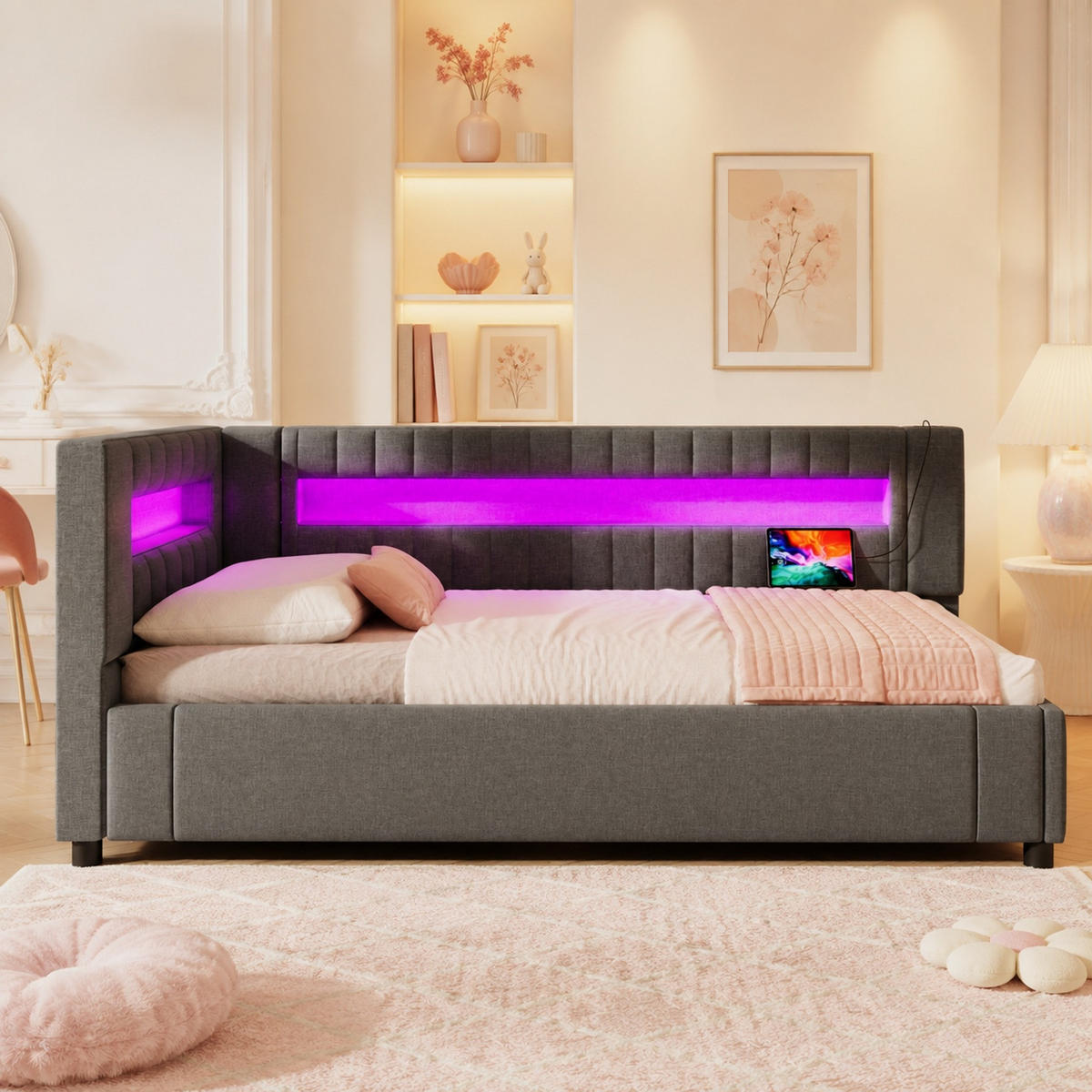 POLSTERBETT 90/200 mit hydraulischem Bettkasten, LED sowie USB- und Type-C-Anschluss aus Leinen in Grau - Grau, Holzwerkstoff/Textil (90/200cm) - EVRYAE
