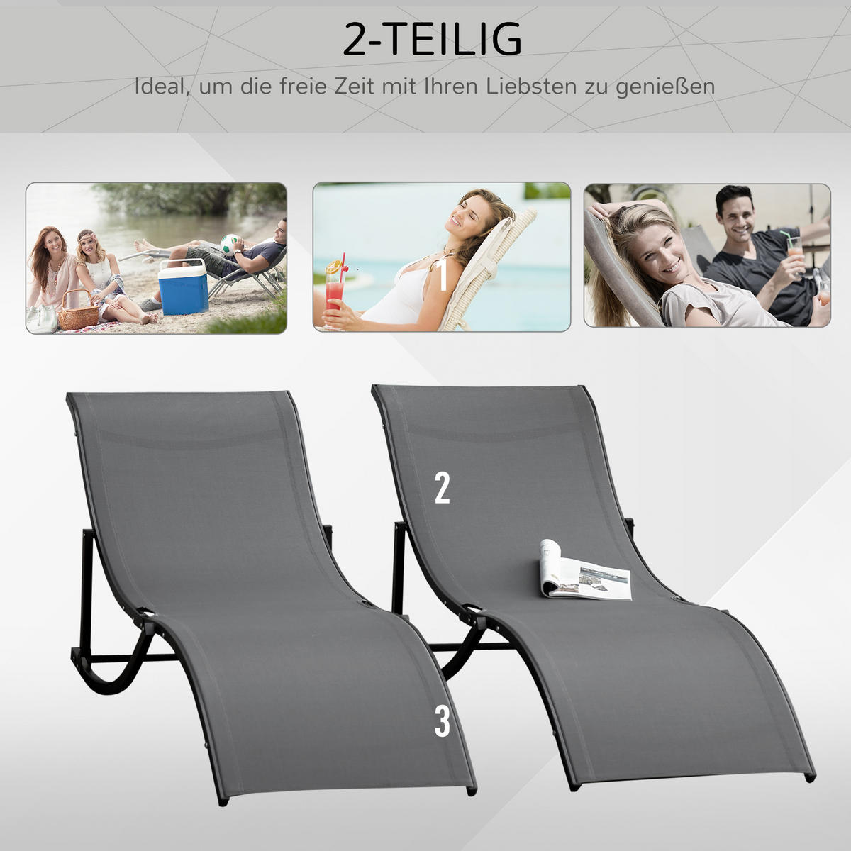 GARTENLIEGEN ergonomisch Aluminium Dunkelgrau 165 x 61 x 63 cm - Dunkelgrau, Textil (61/63/165cm) - Outsunny