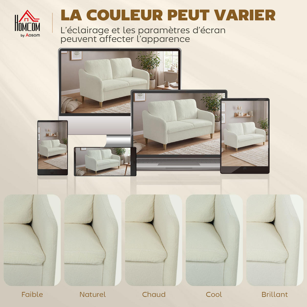 2-SITZER-SOFA DE-13479 mit Bouclé-Stoff, Polsterung Creme - Creme, Textil (69/82/137cm) - ComfortXL