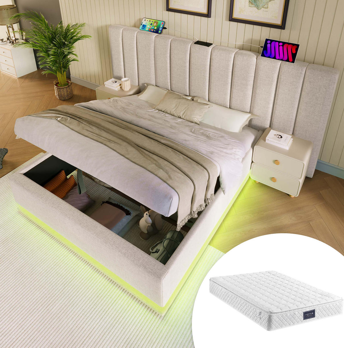 TAPECIRANI krevet od lana 160x200 cm bež s LED rasvjetom, USB i USB-C priključcima te hidrauličkim spremištem - bež, tekstil (160/200cm) - Modfu