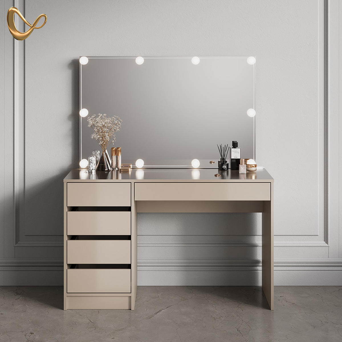 SCHMINKTISCH Imola Greige 120 cm mit LED-Kette - Greige, Holzwerkstoff (120/75/55cm) - Livinity®