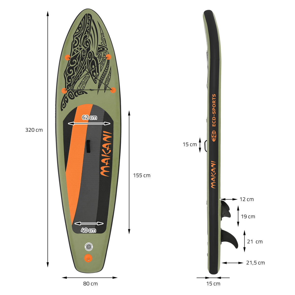 STAND UP PADDLE BOARD Makani Olive - Olivgrün, Kunststoff (320/80/15cm) - ECD-Germany