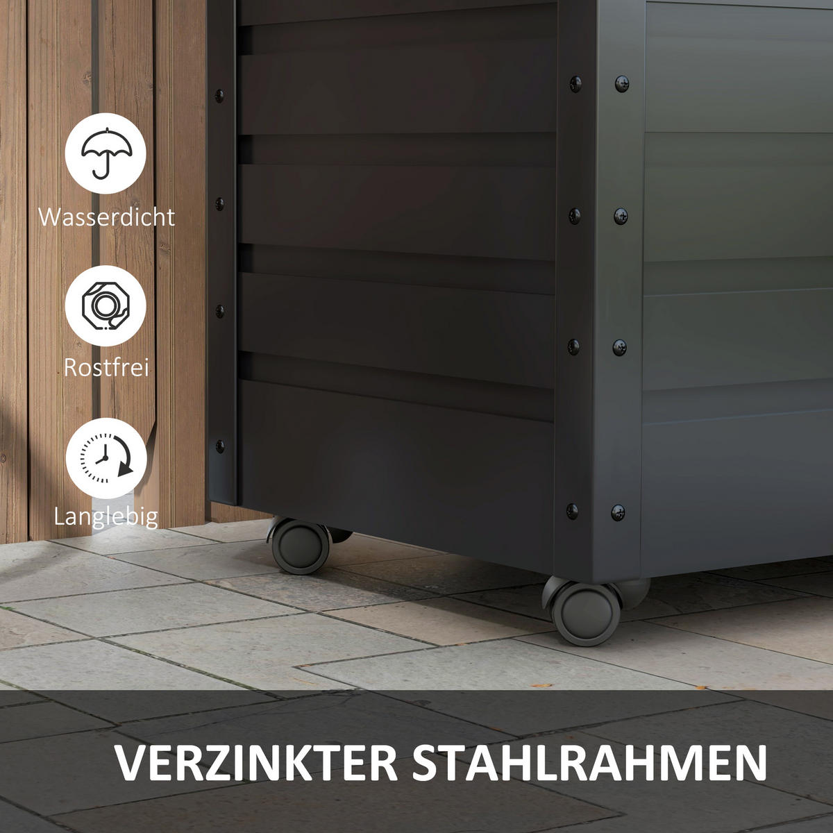 AUFBEWAHRUNGSKISTE mit Rollen mit Schloss, für Balkon, Terrasse, Stahl, Dunkelgrau - Dunkelgrau, Metall (62/65/100cm) - Outsunny