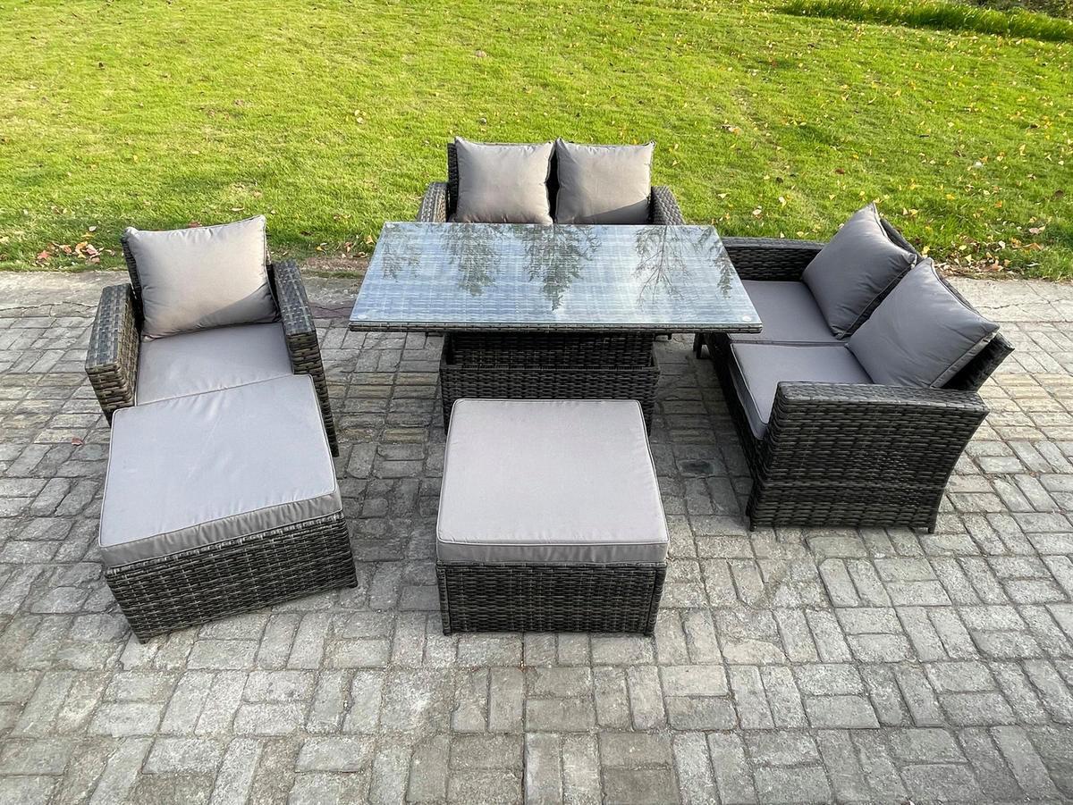 GARTENMÖBEL-SET HÖHENVERSTELLBARER ESSTISCH MIT 2 HOCKER DOPPELSITZ-SOFA STUHLs Polyrattan Dunkelgrau Gemischt 7-Sitzer - Dunkelgrau, Metall - Fimous