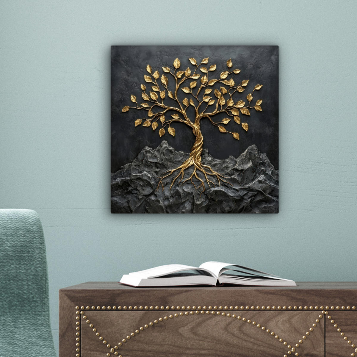 LEINWANDBILD Blätter - Gold - Baum - Fels Deko Wohnzimmer 20x20 cm - Schwarz, Textil (20/20cm) - MuchoWow