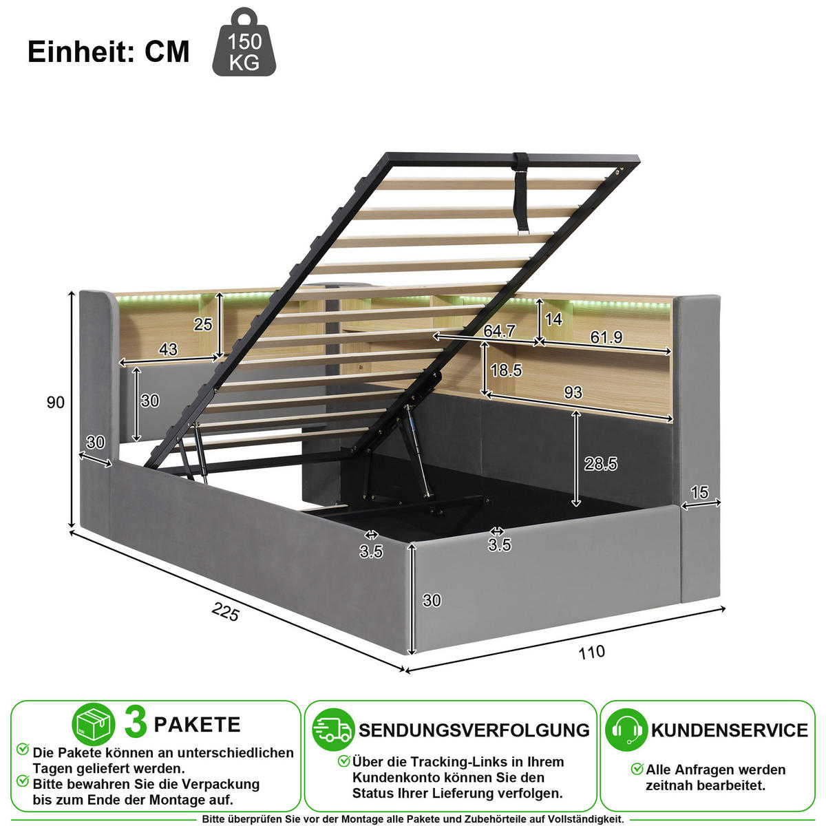 ČALOUNĚNÁ POSTEL 90/200 cm v šedé sametové látce s úložným prostorem, LED, USB a policí - šedá, kov/kompozitní dřevo (90/200cm) - CHICFURN