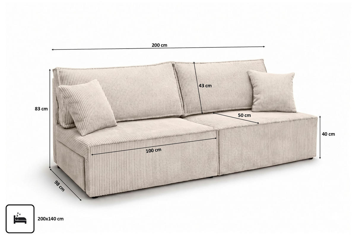 SOFA Mit Schlaffunktion Und Bettkasten, Cordstoff Poso, Beige, BEST MINI - Creme, Holz (200/83/98cm) - Kaiser Möbel