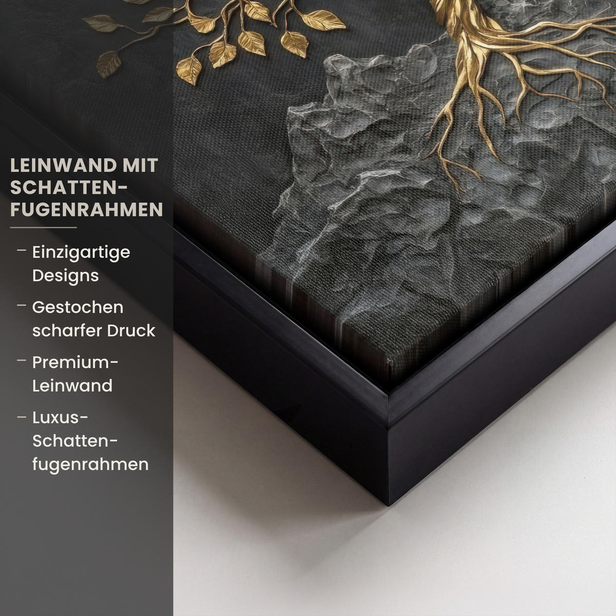 LEINWAND Bilder mit Rahmen - Blätter - Gold - Baum - Fels - 20x20 - Schwarz, Textil (20/20cm) - MuchoWow