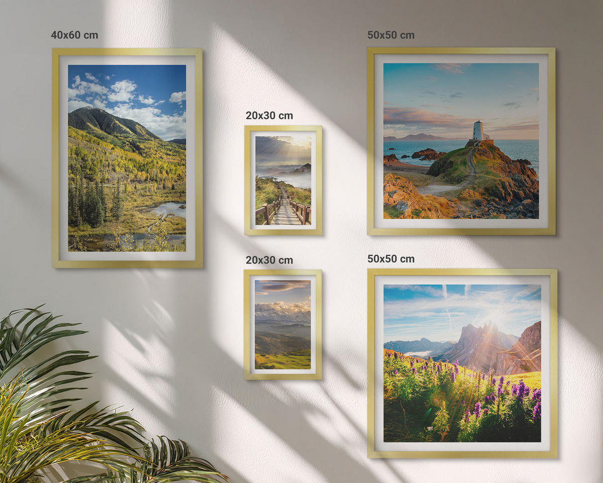 WANDBILDER 5er Set - 50x50 cm & 20x30 cm & 40x60 cm Goldrahmen - Berglandschaften Wasserfall - Goldfarben, Kunststoff (40/60cm) - ArtPrintCave