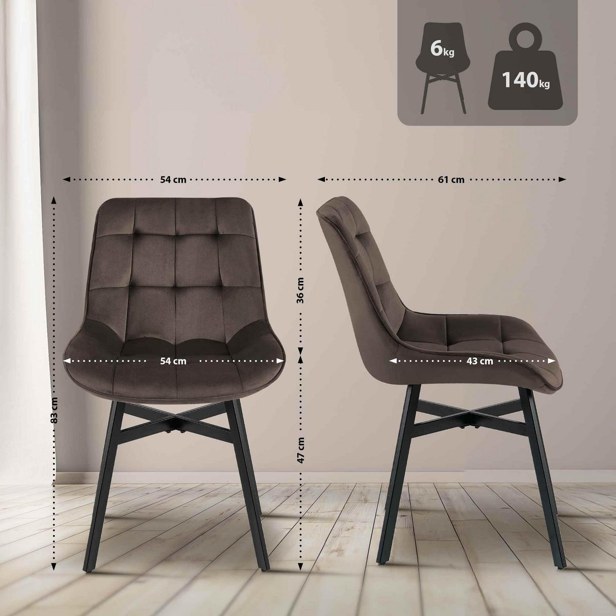 ESSZIMMERSTUHL Samt Braun - Schwarz/Braun, Textil/Metall (54/83/61cm) - CLP