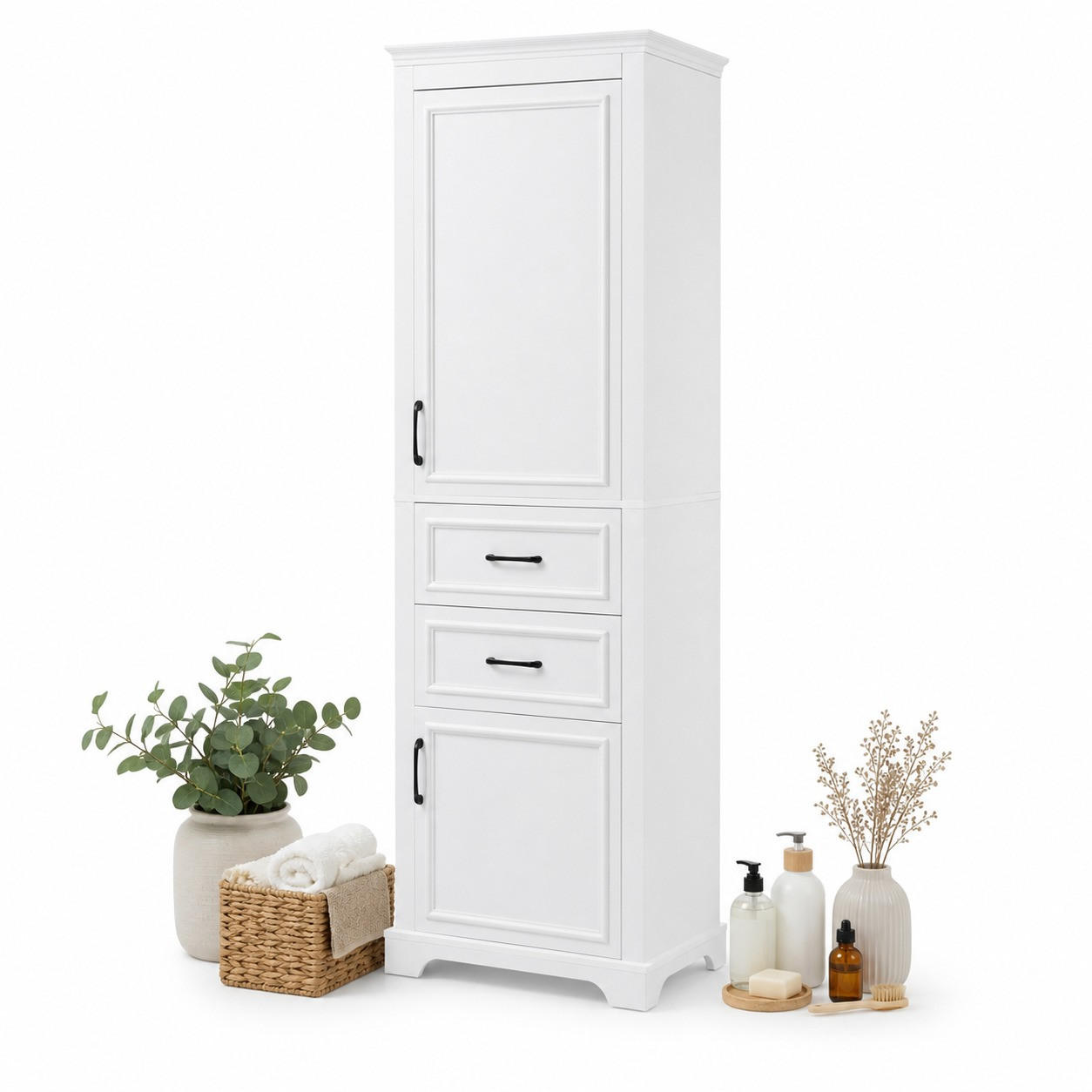 HOCHSCHRANK in Weiß Badezimmerschrank mit Schränken und Schubladen für Badezimmer, B60/T40/H180 cm - Weiß, Holzwerkstoff (60/180/40cm) - STILVORA