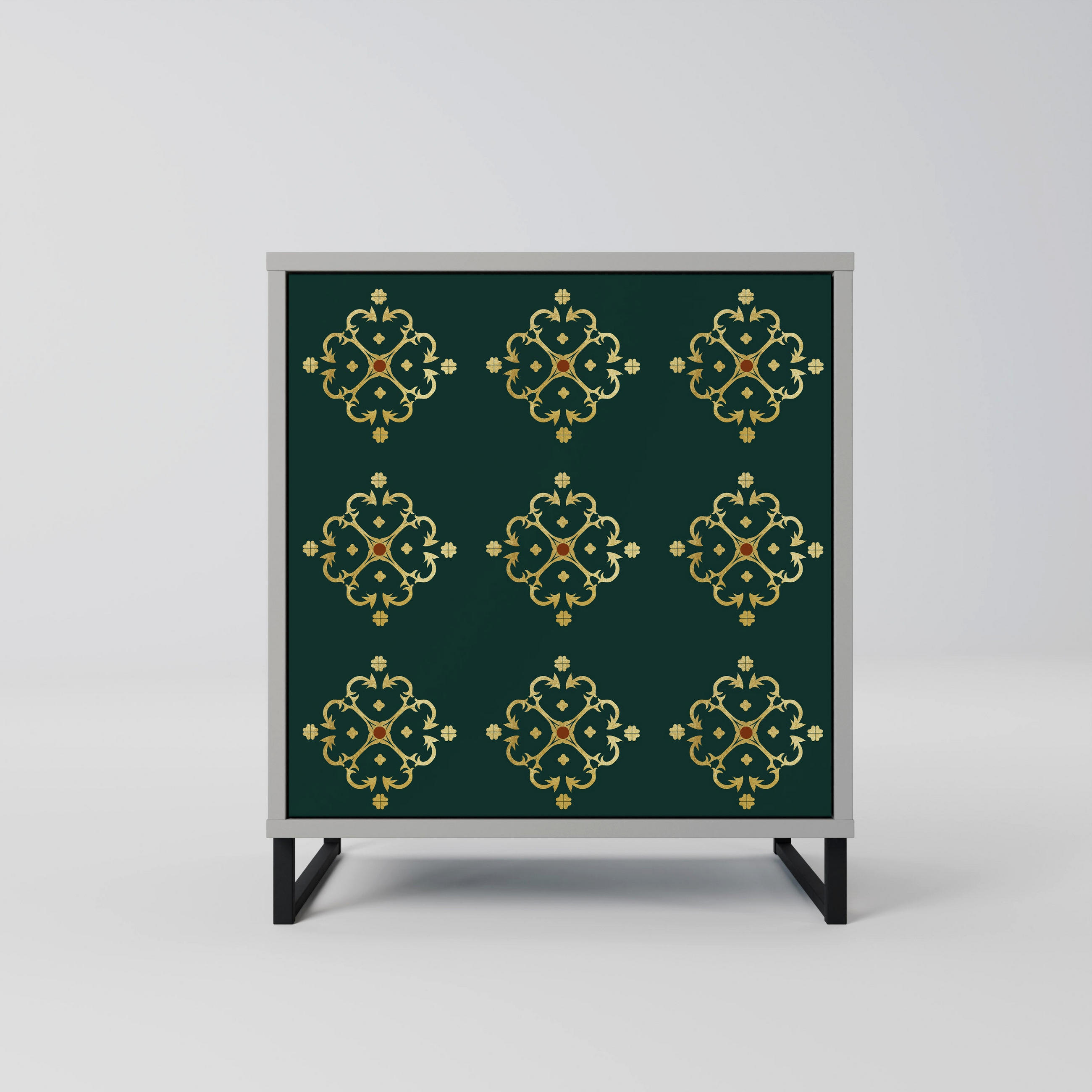 SIDEBOARD ROYAL MEDALLION, Grau, 57,5x42x67,5 cm, Schwarze Metall-Rahmenfüße - Multicolor/Schwarz, Holzwerkstoff/Metall (57.5/67.5/42cm) - SpaceRebels