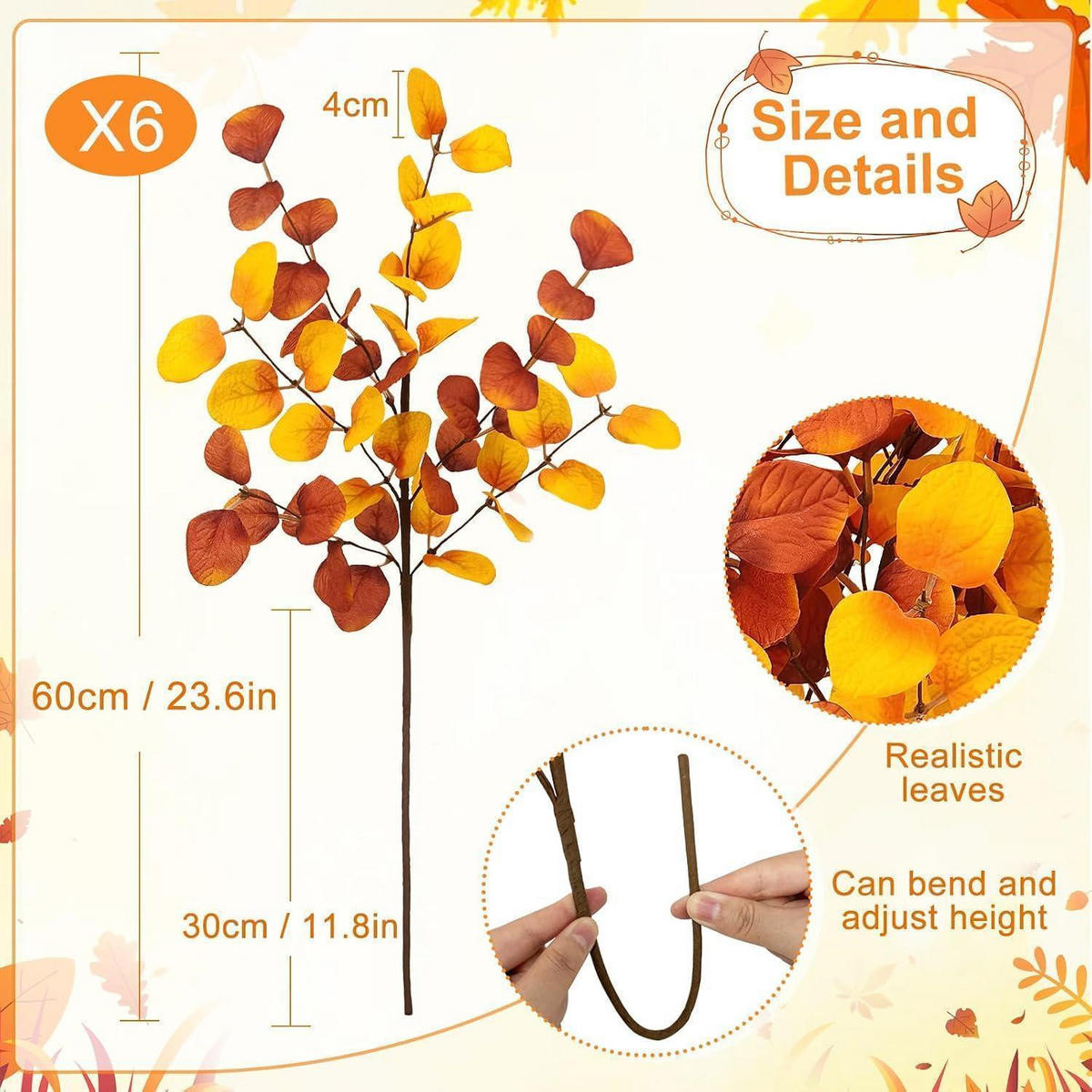 KÜNSTLICHE Herbstblumen 6er Set Eukalyptus 60 cm Orange - Multicolor, Textil (42cm)