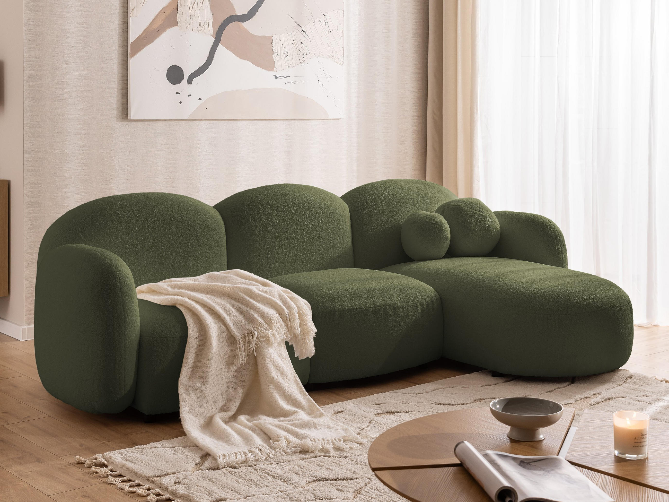 ECKSOFA Nuvola mit abgerundetem Design Grün Bouclé-Stoff - Ottomane Rechts - Schwarz/Grün, Holz/Kunststoff (268/146cm) - S-Style Möbel