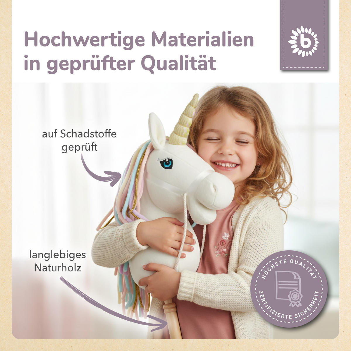 STECKENPFERD Einhorn Rainbow aus Holz - Weiß, Textil (33/92cm) - Bieco Spielwaren