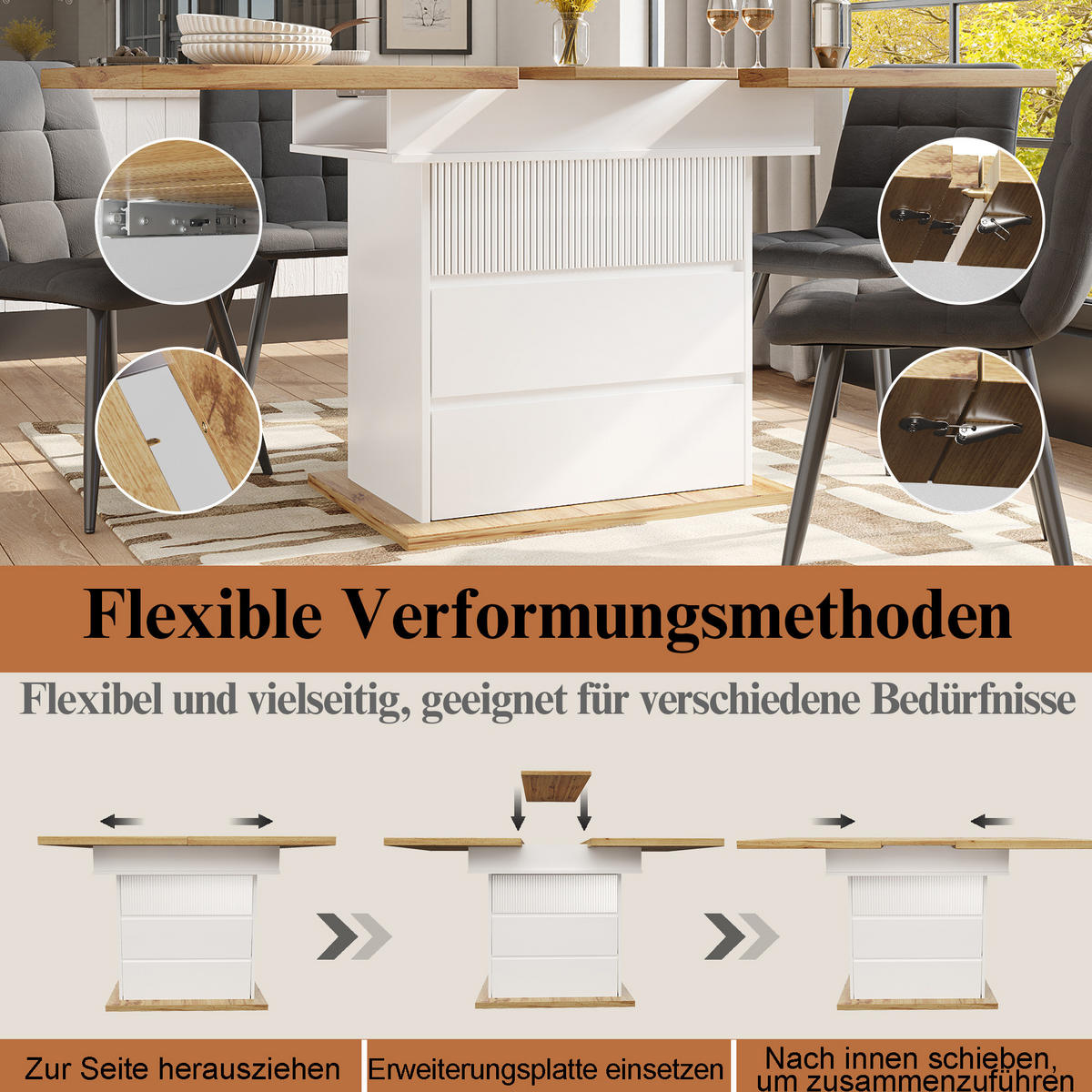 JEDÁLENSKÝ stôl 110-140/80/75 cm MDF, biely/prírodný, rozkladací s úložným priestorom - biela, kompozitné drevo (140/80/75cm) - BEAOK