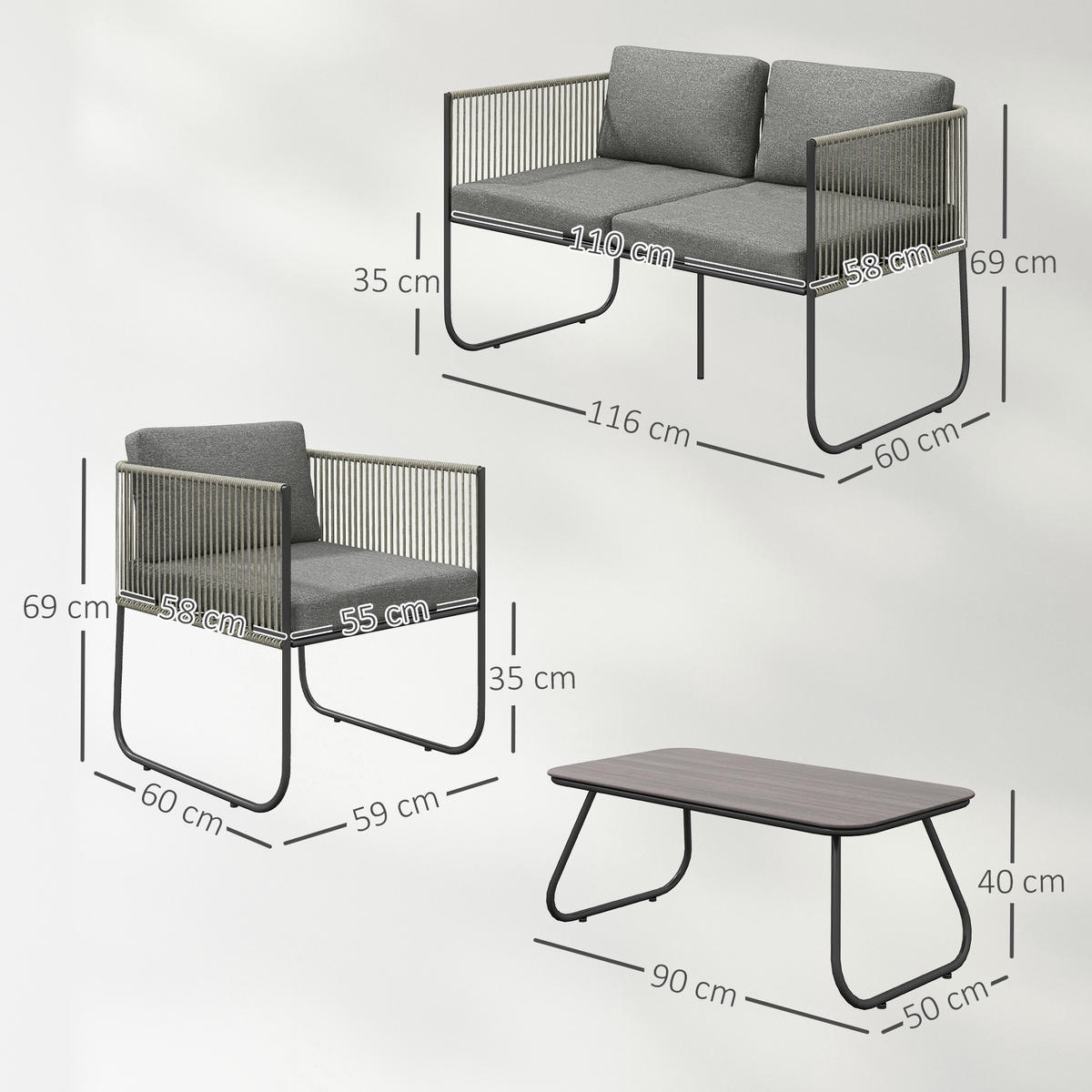 GARTENMÖBEL LOUNGE-SET DE-06742 4-teilig mit Sofa, Sessel & Tisch - Dunkelgrau, Kunststoff/Metall - ComfortXL