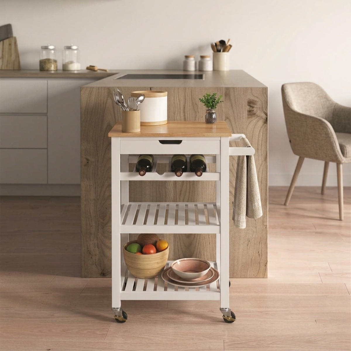SERVIERWAGEN mit Rollen 3 Etagen und 1 Schublade weiß und Holz 61/84,5/40 cm - Weiß, Holzwerkstoff (61/84.5/21cm) - Calicosy