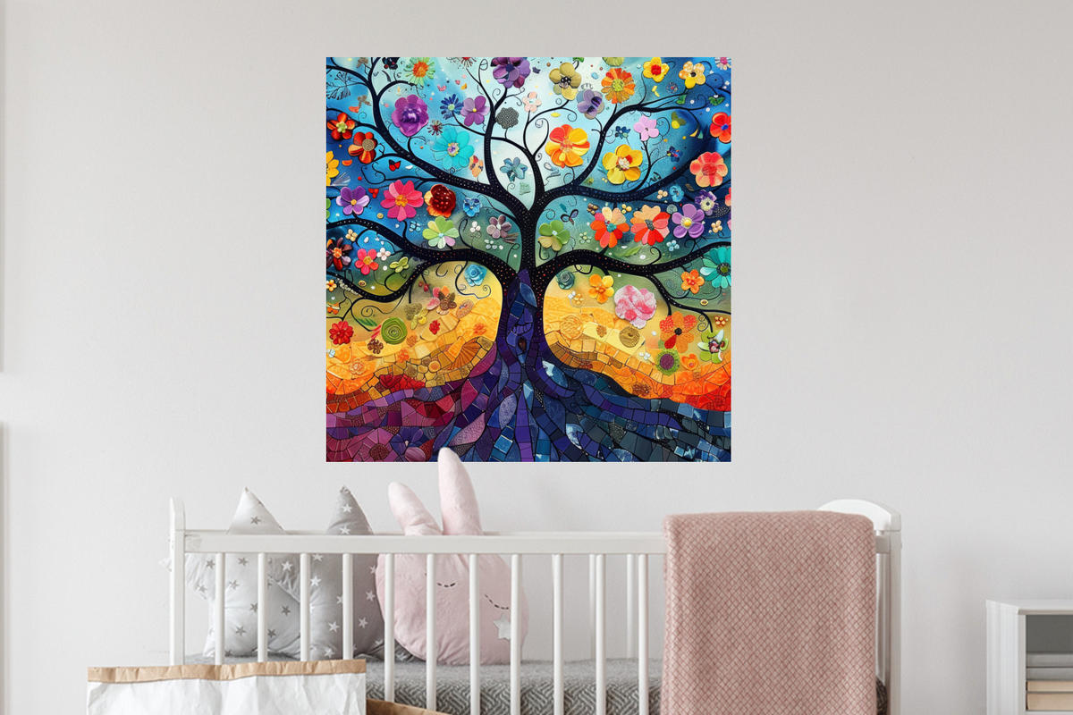 WANDTATTOO Kunst - Baum des Lebens - Blumen - Hippie 50x50 cm - Dunkelblau, Kunststoff (50/50/0.1cm) - MuchoWow