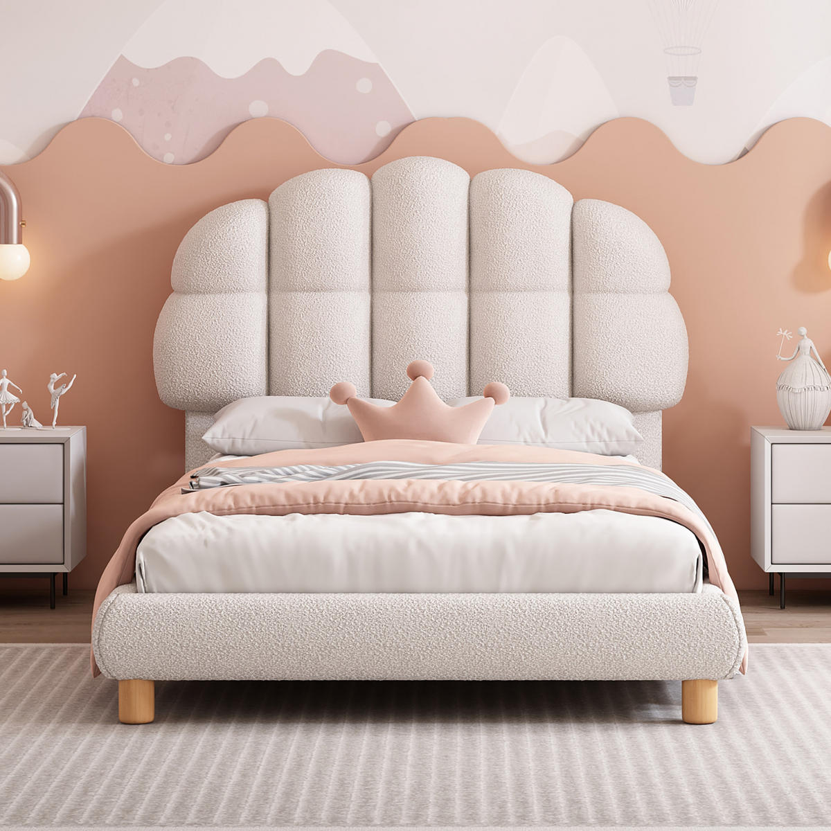 POLSTERBETT aus Bouclé und MDF 90x200 cm Weiß mit Holzlattenrost und verstellbarem Kopfteil - Weiß, Textil (90/200cm) - Modfu