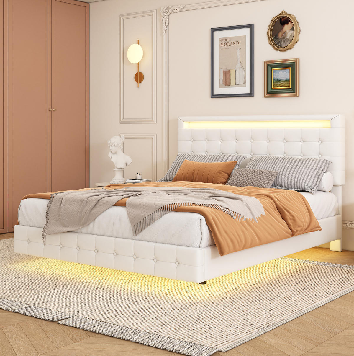 POLSTERBETT aus PU und MDF 140x200 cm Weiß mit LED-Beleuchtung, 3-fach verstellbarem Kopfteil und schwebender Optik - Weiß, Leder (140/200cm) - Modfu
