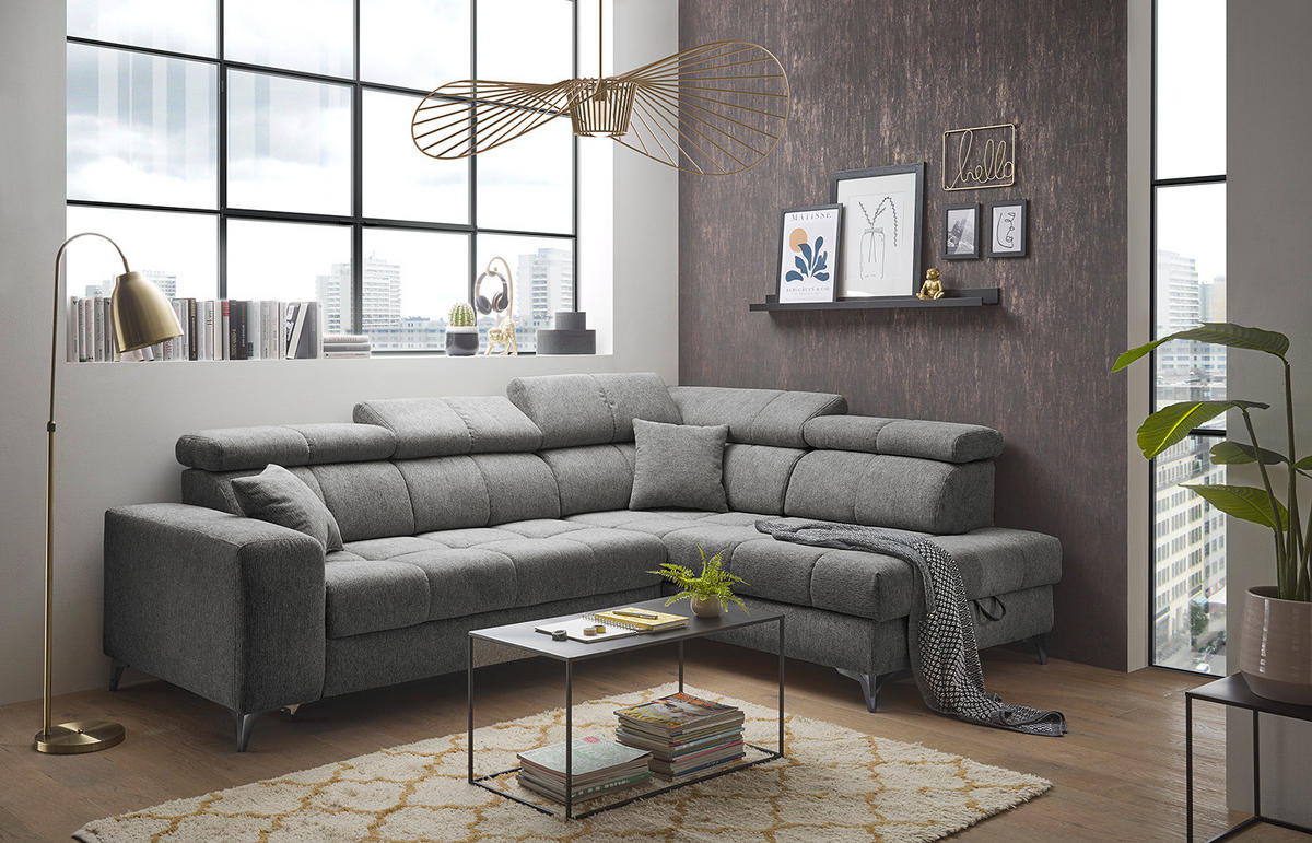 ECKSOFA mit Schlaffunktion - Webstoff - Anthrazit/Schwarz, Kunststoff/Textil (282/198cm) - home24