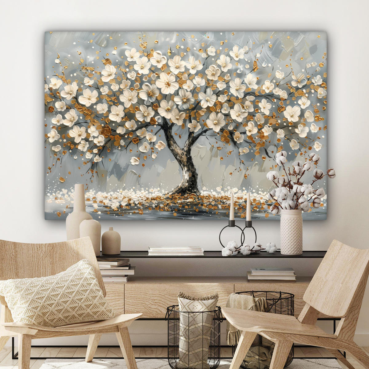 LEINWANDBILD Baum - Blumen - Weiß - Natur - Kunst XXL 150x100 cm - Weiß, Textil (150/100cm) - MuchoWow