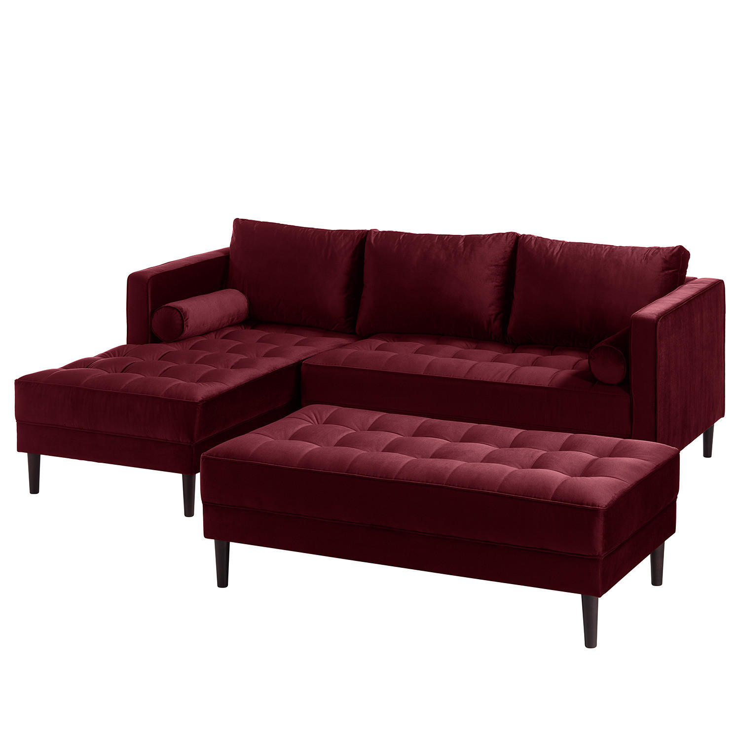 ECKSOFA - Samt - Dunkelbraun/Weinrot, Birkenholz/Textil (201/155cm) - home24