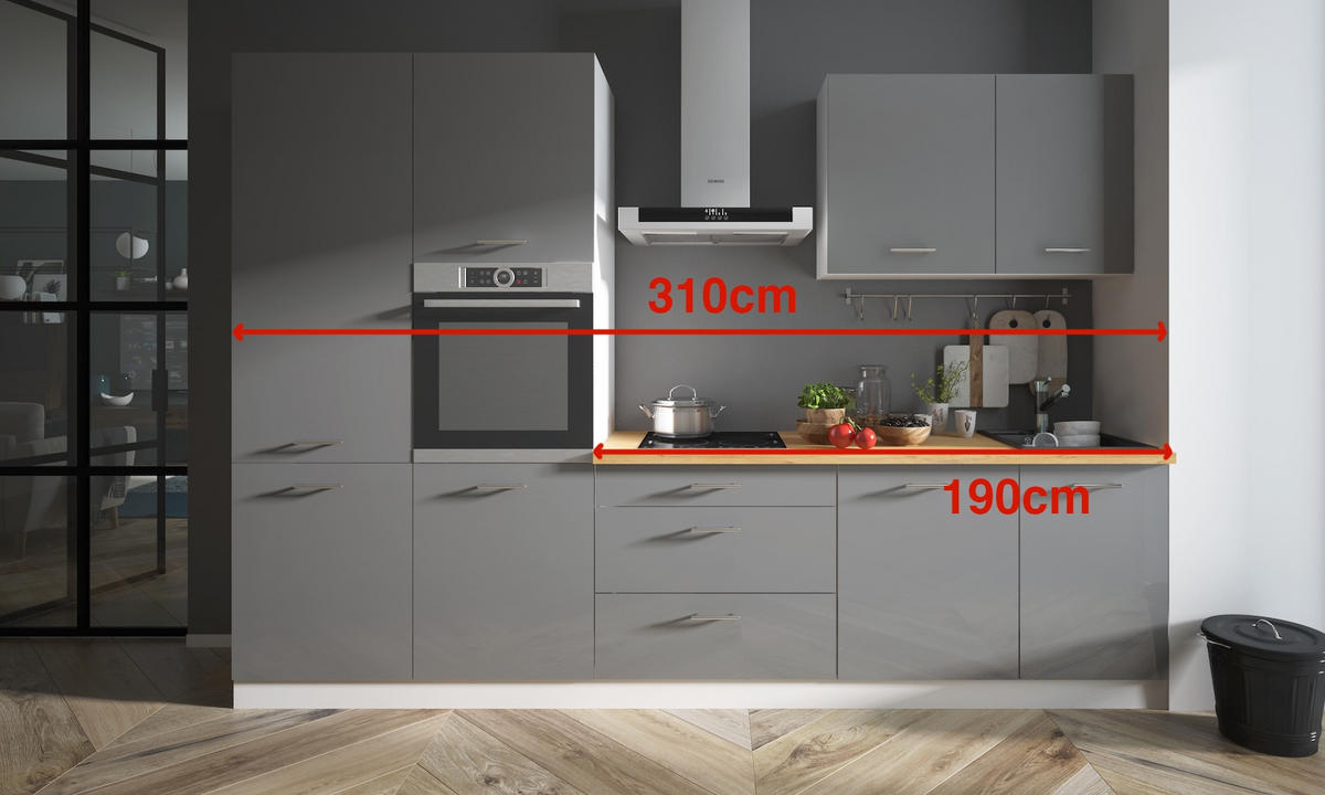 KÜCHENLEERBLOCK Essen Trend weiß / graphit hochglanz - eiche lancelot 8-teilig - Graphitfarben/Weiß, Holzwerkstoff (310/207/60cm) - Feldmann-Wohnen