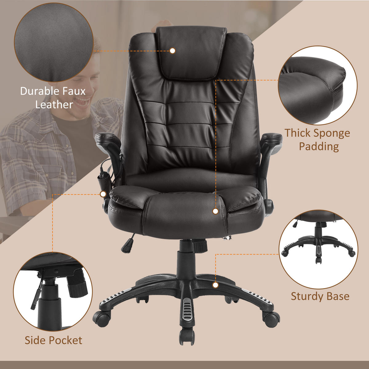 MASSAGESESSEL Bürostuhl Drehstuhl mit Wärmefunktion Chefsessel Bürosessel - Schwarz/Braun, Kunststoff (68/121/62cm) - HOMCOM