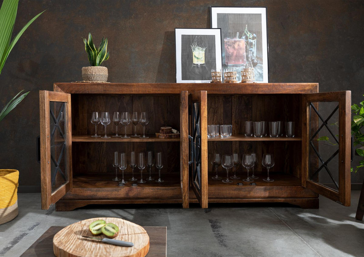 SIDEBOARD Mango 193x46x91 braun lackiert STILMÖBEL #117 - Braun, Holz (193/91/46cm) - Massivmoebel24