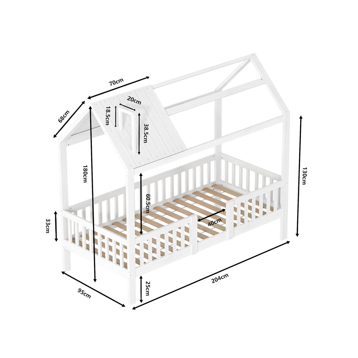 HAUSBETT 90x200cm mit Rausfallschutz und Schornstein, Weiß - Weiß, Holz (90/200cm)