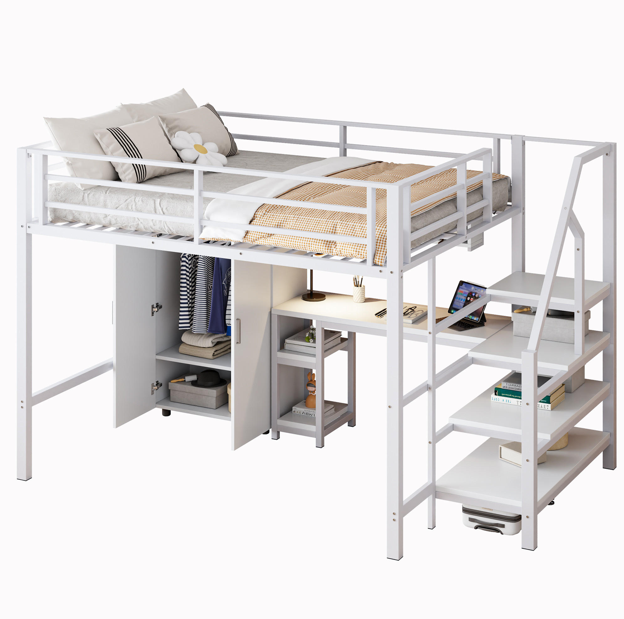 HOCHBETT 140/200 cm in Weiß mit Schreibtisch, Kleiderschrank und Regalen - Weiß, Metall (140/200cm) - Flora Grace