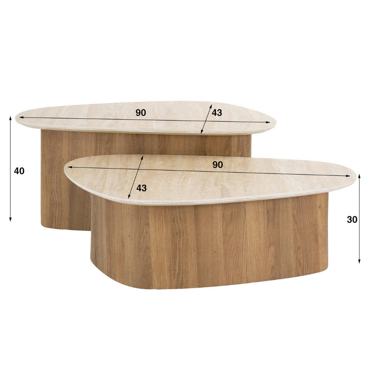 COUCHTISCH-SET ROMANO TRIANGOLO Organische Dreiecks-Satztische in Travertin-Optik - Beige/Braun, Holz/Keramik (43/90/40cm) - alesvelt