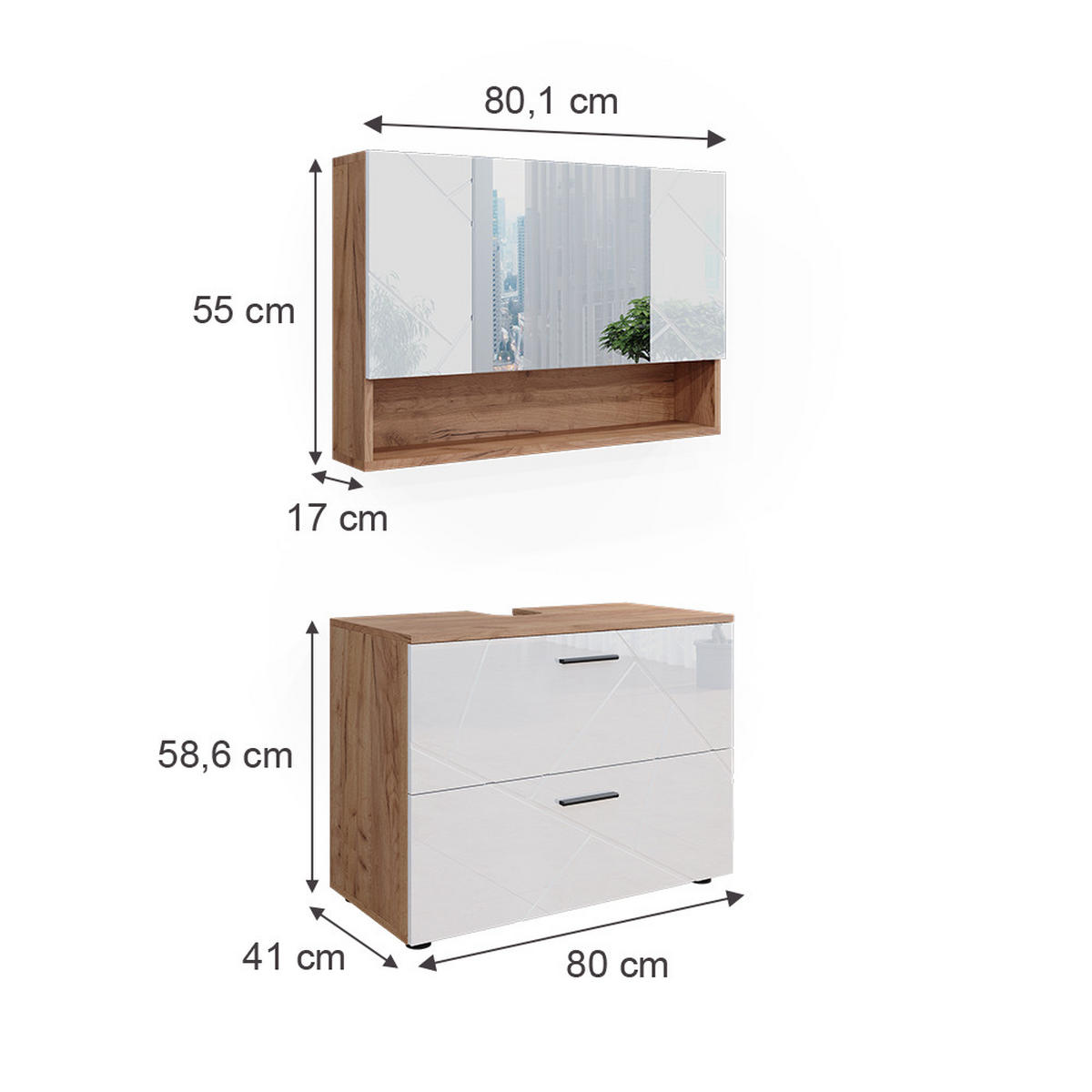 BADMÖBEL-SET Irma Weiß Hochglanz/Goldkraft Eiche 2 Teile Unterschrank 80 cm - Weiß Hochglanz/Eiche Wotan, Holzwerkstoff (80/58.6/41cm) - Vicco