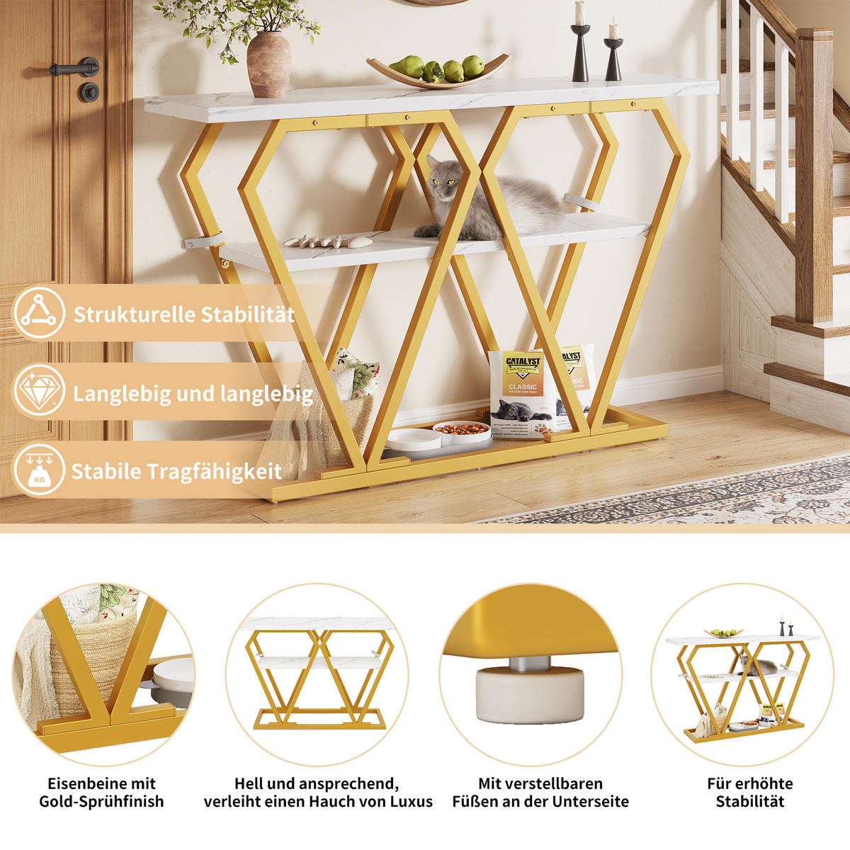 KONSOLENTISCH 120/29,5/80 cm Weiß in Marmoroptik mit Ablage MDF Metall - Weiß, Holzwerkstoff (120/29.5/80cm) - OKWISH