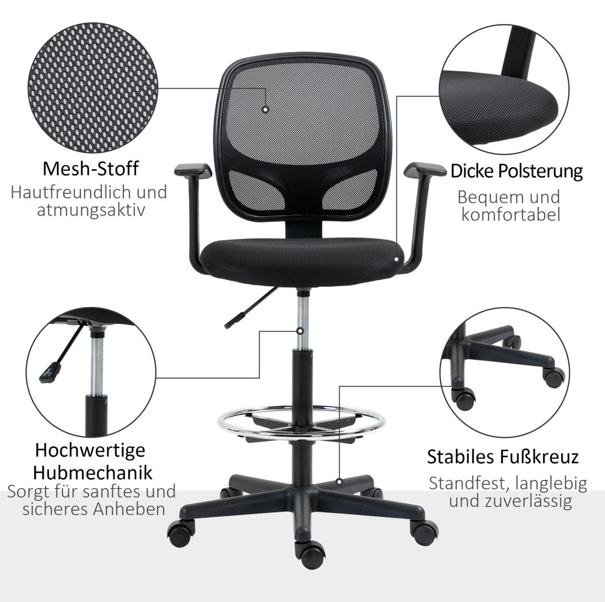 BÜROSTUHL in Schwarz 56x60x132 cm, höhenverstellbar, mit Fußstütze und Rollen - Schwarz, Kunststoff (60/132/56cm) - IVMEU