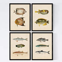 POSTER Set mit 4 Mittelmeer 10 verschiedenen Fischen A4 Schwarzer Rahmen - Schwarz, Papier (29.7/3cm) - Nacnic