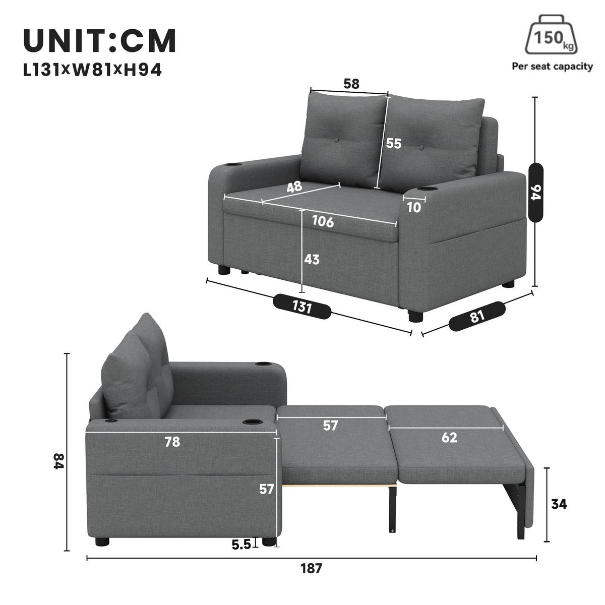 SCHLAFSOFA 3-in-1 Baumwoll-Leinen ausziehbar mit USB-Anschluss und Becherhalter Grau 131/81/94 cm - Grau, Textil (81/94/131cm) - Redom