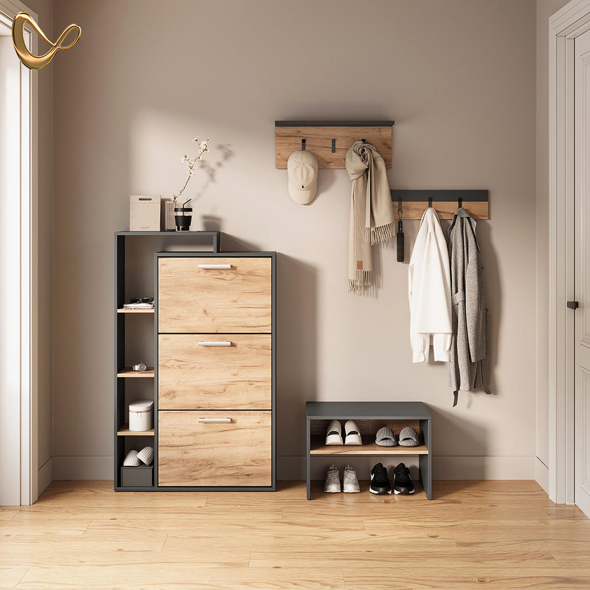 SCHUHBANK Ortello Anthrazit/Goldkraft Eiche 60 x 60 cm - Honigeiche/Anthrazit, Holzwerkstoff (60/60/40cm) - Livinity®