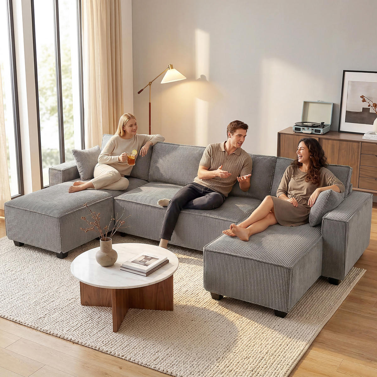 ECKSOFA Cordstoff Hellgrau - Hellgrau, Holzwerkstoff/Kunststoff (154/311cm) - HOMCOM