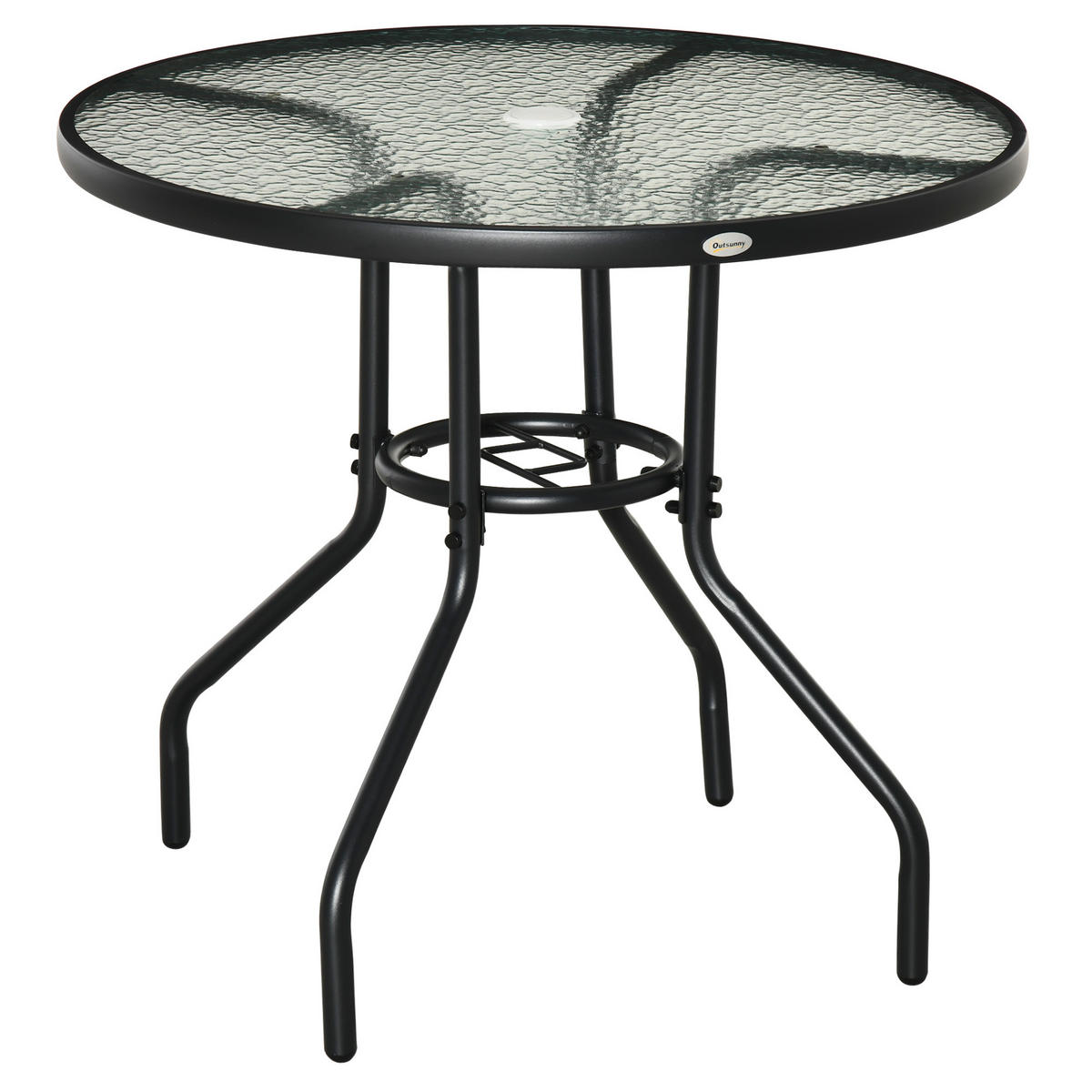 GARTENTISCH DE-07290 rund mit Schirmloch und Hartglas Schwarz - Schwarz, Glas/Metall (80/80/72cm) - ComfortXL