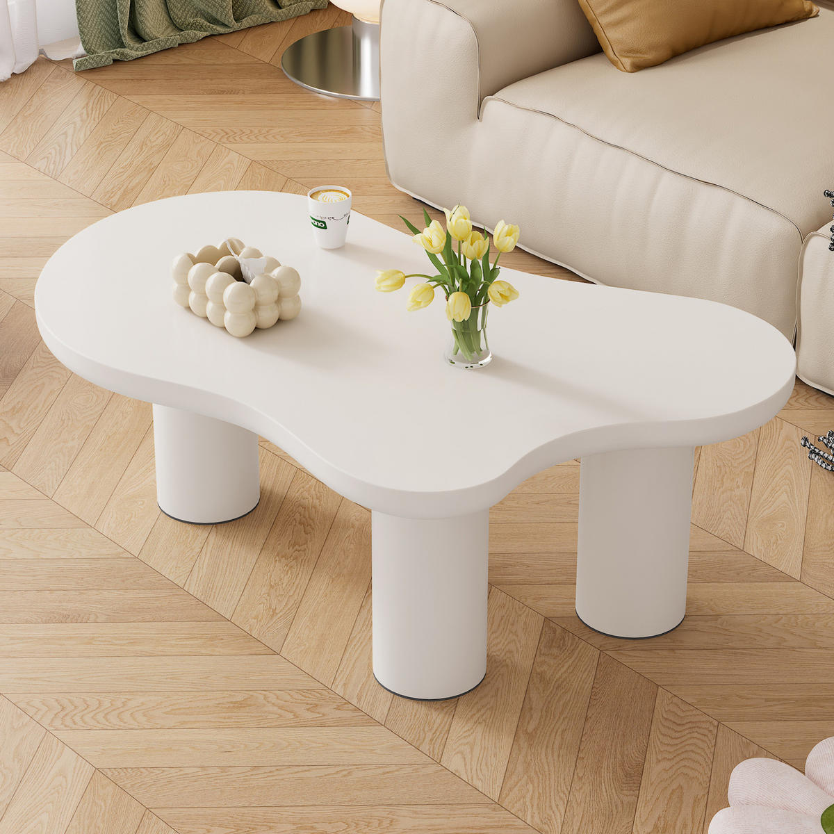 KONFERENČNÍ stolek 107/66/40,5 cm bílý z MDF a PVC v organickém tvaru s filcovými podložkami - bílá, kompozitní dřevo (107/66/40.5cm) - OKWISH