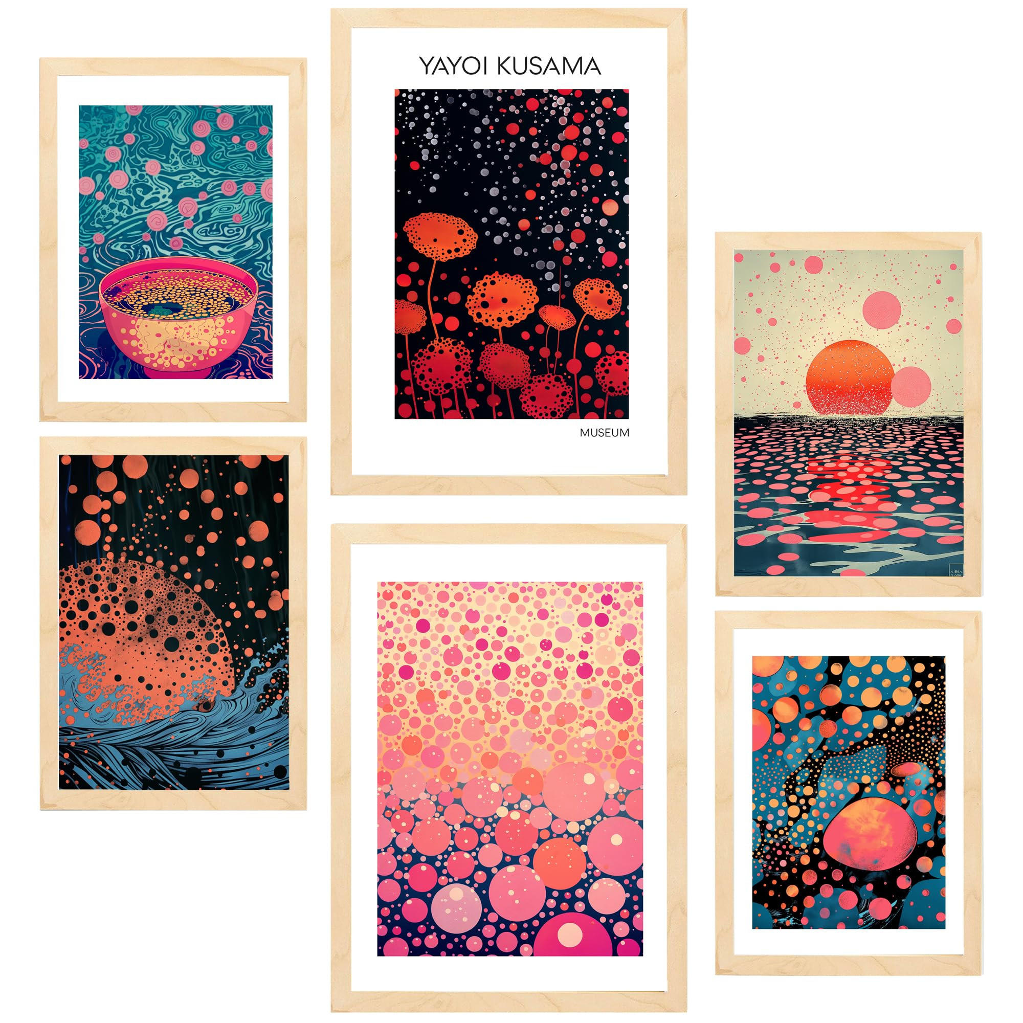 POSTER Set Mit 6 Kusama Welle A3 & A4 Rahmen Aus Hellem Holz - Beige, Papier (29/3cm) - Nacnic