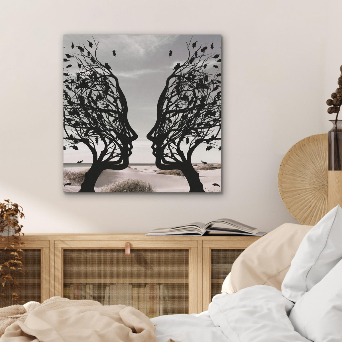 AKUSTIKBILD Strand - Meer - Menschen - Baum - Moderne Kunst Wandbilder 60x60 cm - Hellgrau, Kunststoff (60/60/0.9cm) - MuchoWow