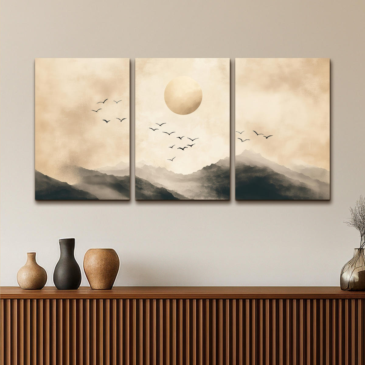 LEINWANDBILD 3er Set Landschaft - Japandi - Beige - Vögel 120x60 cm - Beige, Textil (120/60cm) - MuchoWow