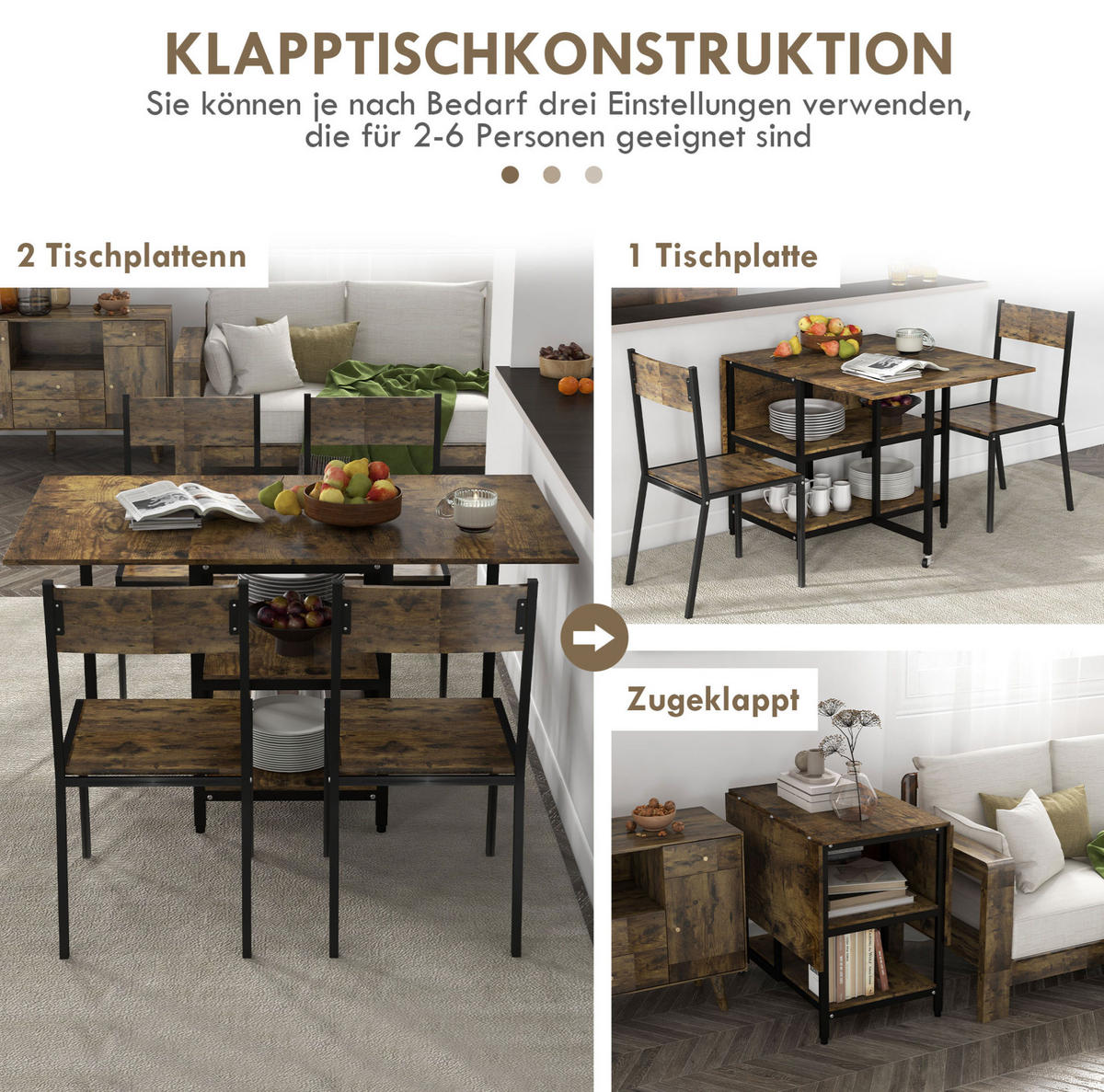 KLAPPTISCH 140/80/75 cm mit 2 klappbaren Platten, Rollen und 2 Ablagen, Braun - Braun, Metall (140/80/75cm) - Redom